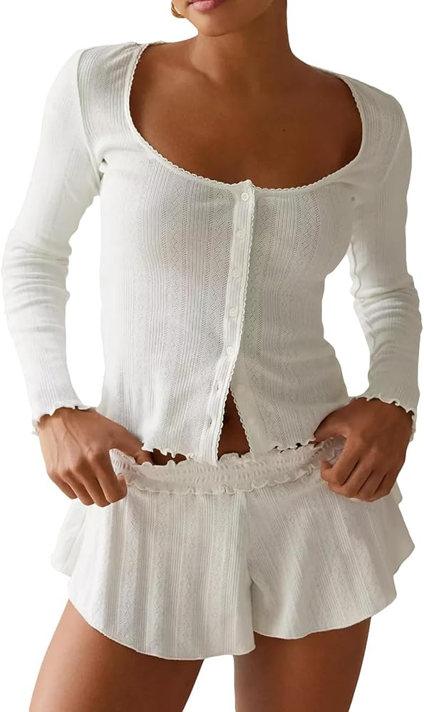 Luckinbaby Women Cute Pajamas Set Long Sleeve Button Down Top Ruffle Shorts 2 Piece Lounge Sets Y... | Amazon (US)