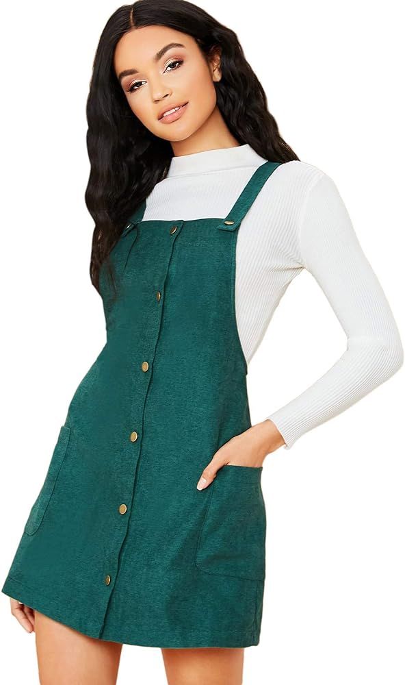 Floerns Women's Corduroy Button Down Pinafore Overall Dress with Pockets | Amazon (US)