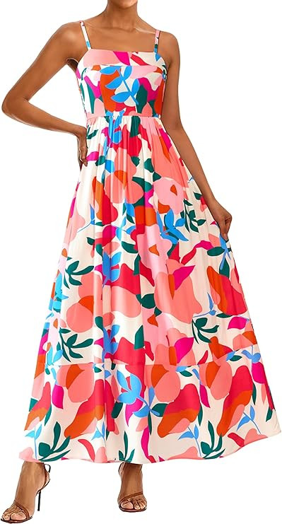 PRETTYGARDEN Women Summer Maxi Dresses 2026 Spaghetti Strap Boho Floral Striped Wedding Guest Bea... | Amazon (US)