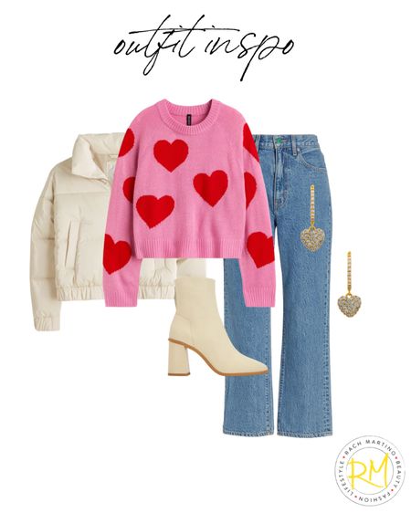 Heart sweater puffer jacket casual valentines outfit idea 

#LTKstyletip #LTKunder50 #LTKsalealert
