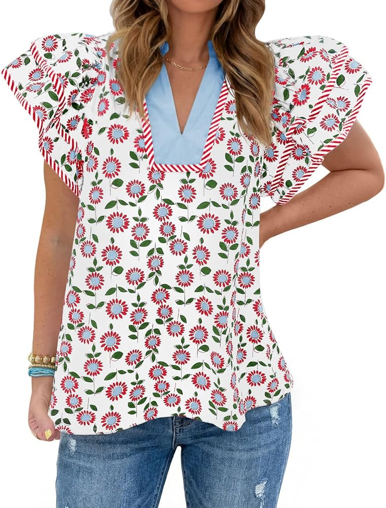 Tankaneo Womens Ruffle Sleeve Floral Blouses Summer Dressy Casual V Neck Tops Loose Fit Pleated F... | Amazon (US)