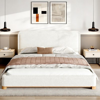 ModernLuxe Queen Size Platform Bed Frame, Modern Mid-Century Upholstered Bed with Curved Headboard & Rubberwood Base, White | Target