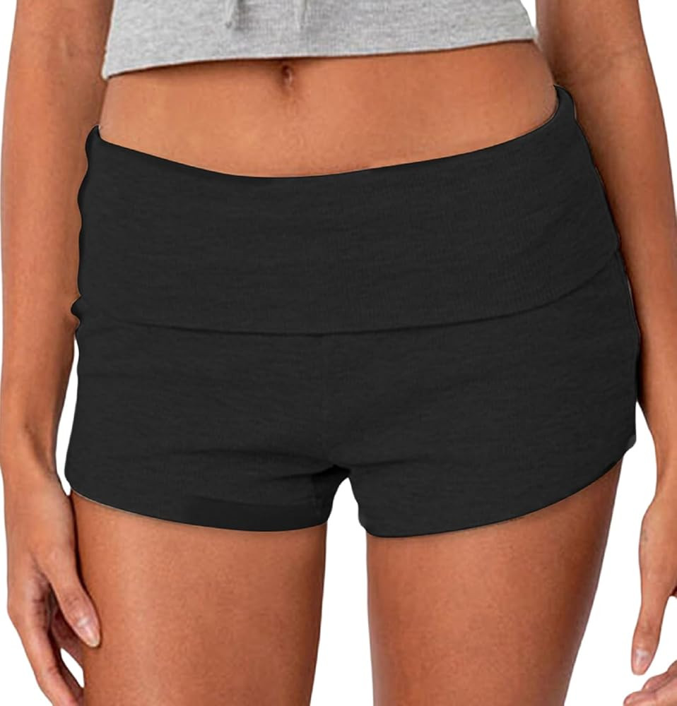 Women Fold Over Shorts Wide Waistband Rollover Yoga Shorts Y2K Low Rise Booty Shorts | Amazon (US)