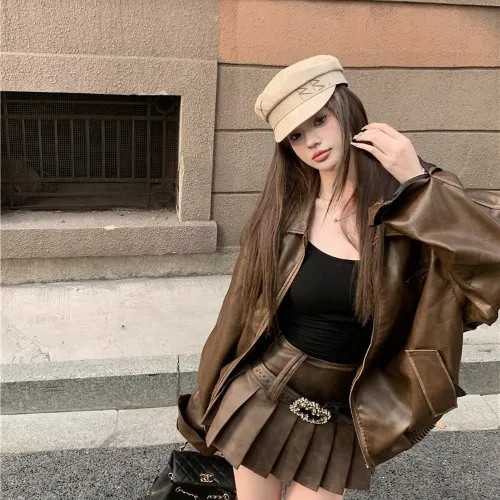 Kizmi - Collared Plain Faux Leather Zip-Up Jacket / High Waist Pleated Mini A-Line Skirt | YesStyle Global