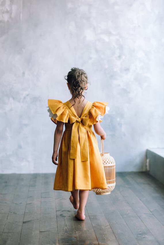 Mustard Linen Dress for Girl With Flutter Sleeve Girls Linen - Etsy | Etsy (US)