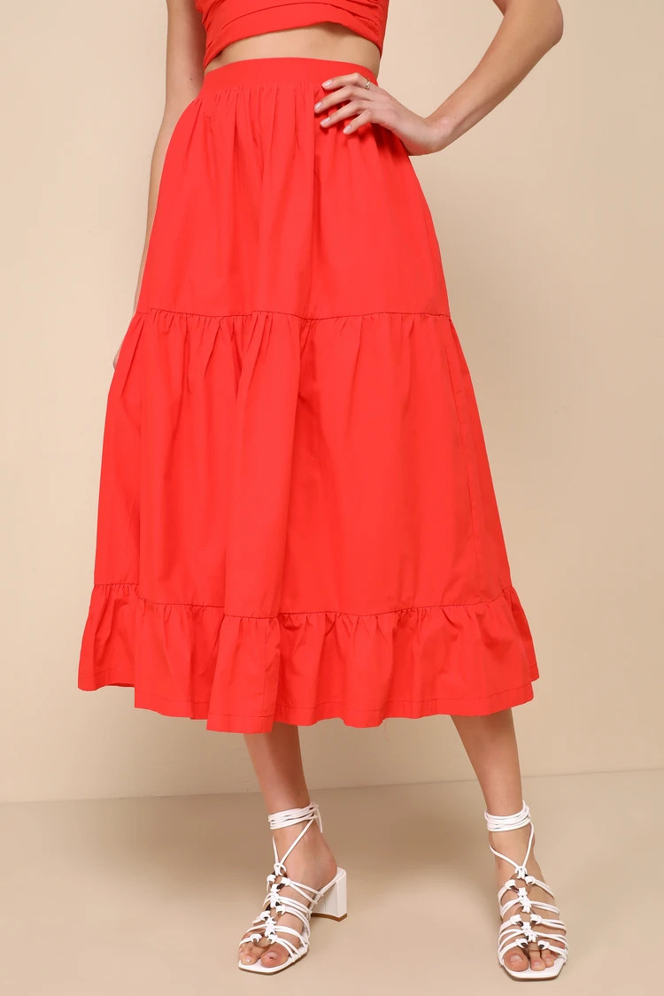 Daytime Perfection Red Cotton Tiered Midi Skirt | Lulus