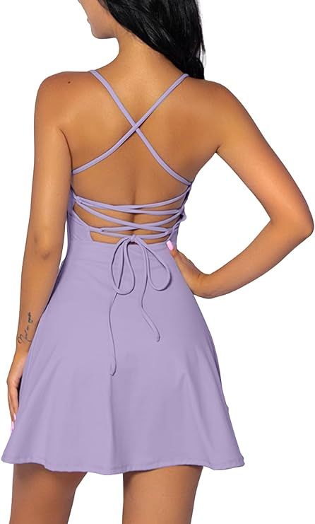 QINSEN Womens Two Pieces Tennis Dress with Shorts Workout Open Back Active Golf Dresses | Amazon (US)