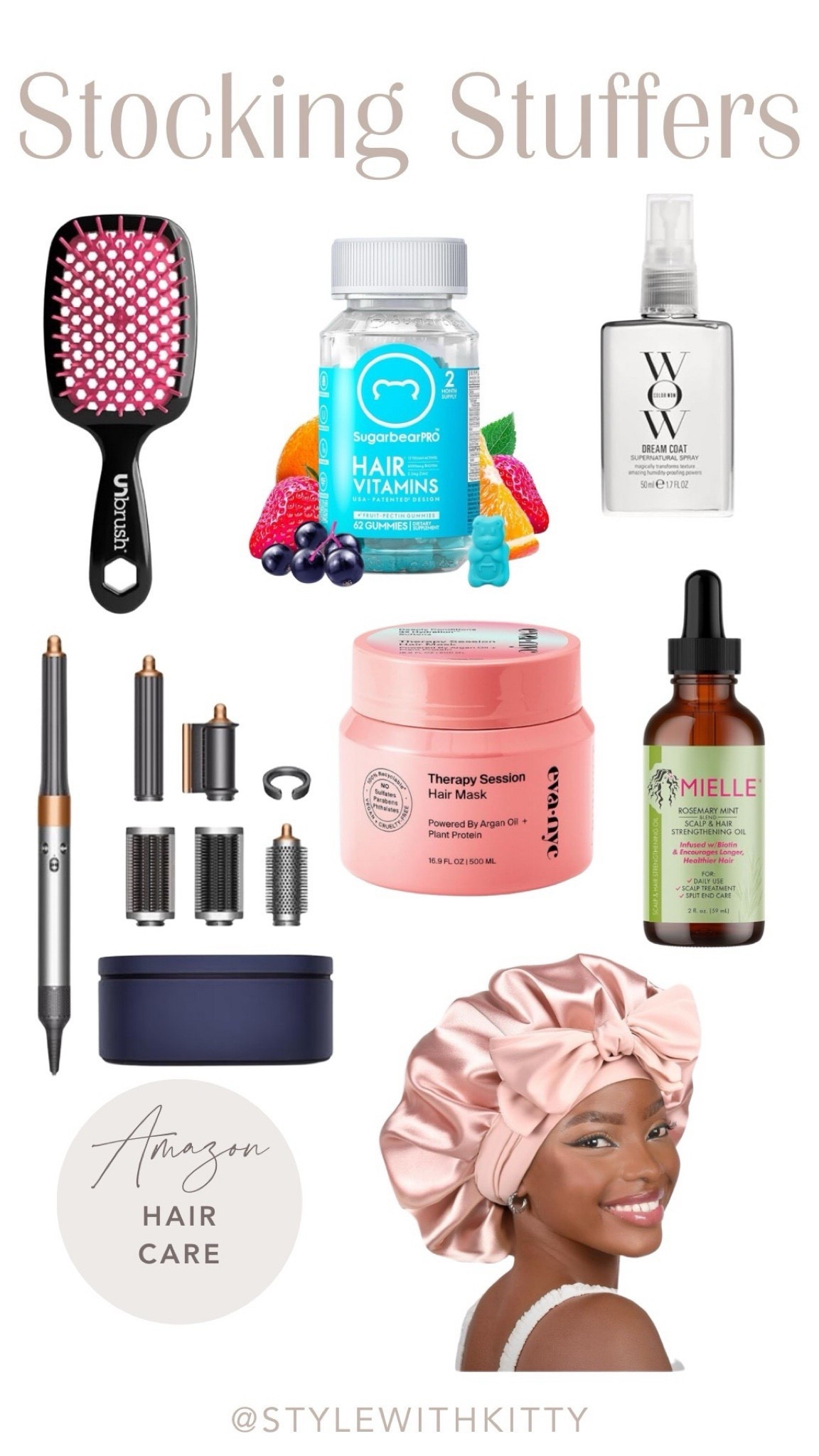 Stocking stuffers that hair lovers will actually use 💖✨
These Amazon hair-care favorites are perfect for gifting (or keeping 😉) — small, practical, and packed with good-hair-day magic. From smoothing and strengthening to styling and shine, this guide has it all.

✨ WHAT’S INCLUDED:
• Unbrush detangling brush
• SugarBear Hair Vitamins
• Color WOW Dream Coat spray
• Dyson Airwrap attachments & case
• Eva NYC Therapy Session hair mask
• Mielle Rosemary Mint scalp & hair oil
• Satin sleep bonnet

@stylewithkitty

#StockingStuffers #HairCareGifts #AmazonHairCare
#Unbrush #DetanglingBrush
#SugarBearHair #HairVitamins
#ColorWOW #DreamCoat
#DysonAirwrap #HairStylingTools
#EvaNYCHair #HairMask
#MielleOrganics #RosemaryMintOil
#SatinBonnet #HealthyHair
#BeautyGifts #HolidayGifting #LTKGifts #stylewithkitty

#LTKBeauty #LTKselfcare #LTKGiftGuide