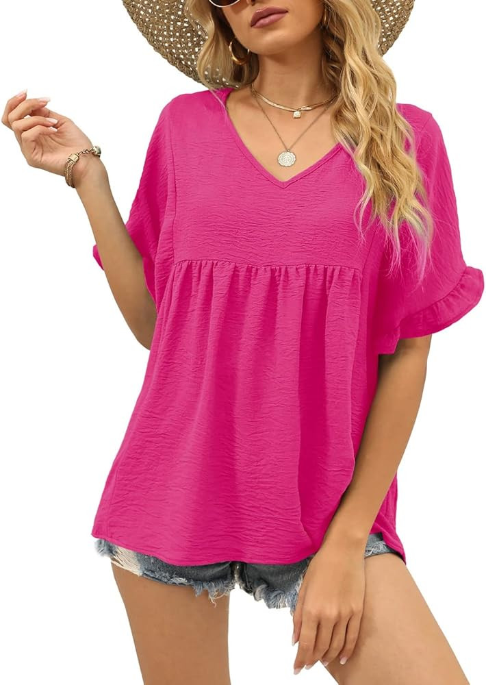 WIHOLL Womens Tops Casual V Neck Ruffle Sleeve T Shirts Babydoll Loose Fit Peplum Tops | Amazon (US)