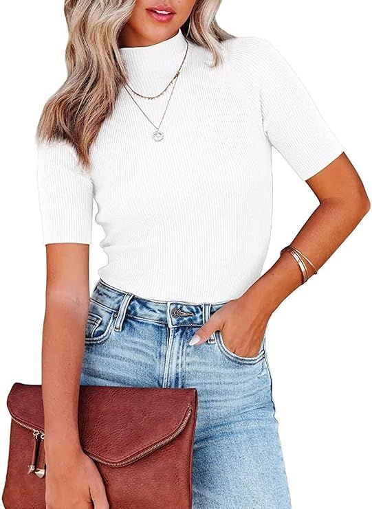 Womens Short Sleeve Shirt Turtleneck T Shirts Slim Fit Basic Tops Rib Knitted Stretch Pullover Sw... | Amazon (US)