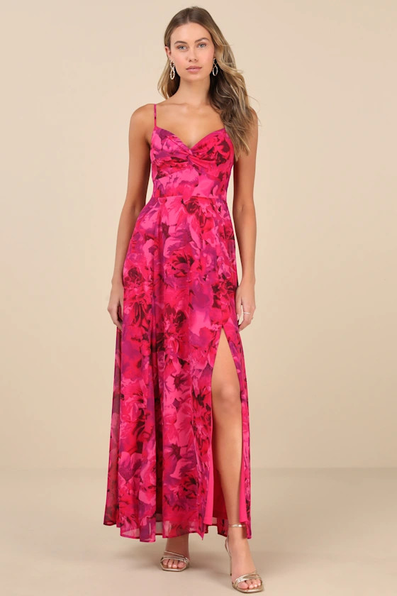 Beautiful Soul Fuchsia Floral Print Twist-Front Maxi Dress | Lulus