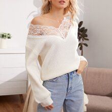 Contrast Lace Rib-knit Sweater | SHEIN