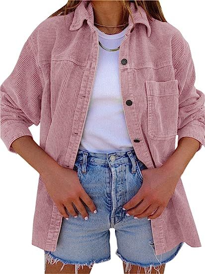 Women's Button Down Corduroy Shacket Jacket Long Sleeve Casual Coat With Pocket Shirt Jacket | Amazon (US)