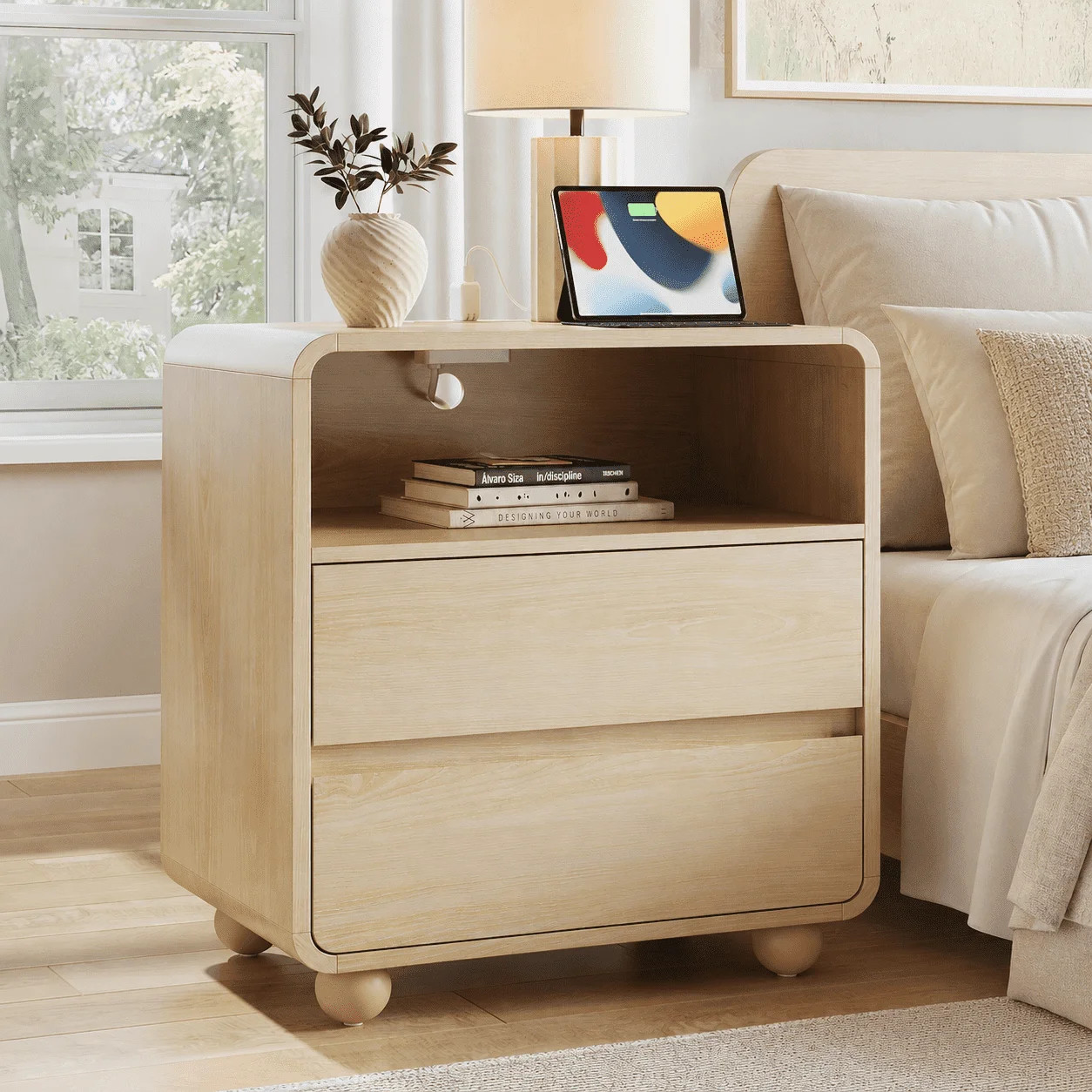 Aufeile Nightstand with Charging Station, Modern Night Stand with Drawers & Open Shelf, Curved Bedside Table for Bedroom and Living Room, Natural Oak | Walmart (US)