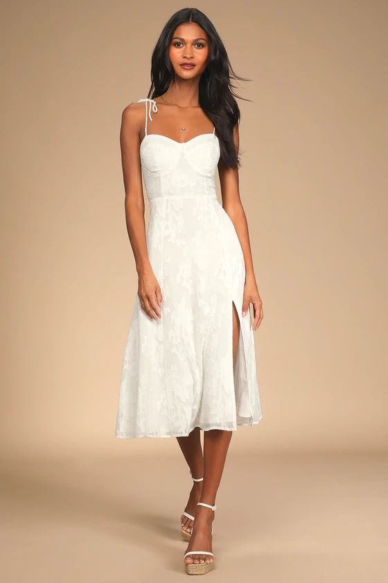 Loveliest Looks White Floral Jacquard Tie-Strap Midi Dress | Lulus (US)