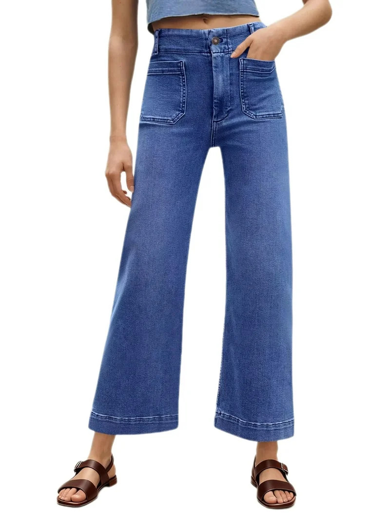 High Waist Women Casual Wide Leg Denim Pants Cropped Baggy Ankle Jeans with Pocket | Walmart (US)