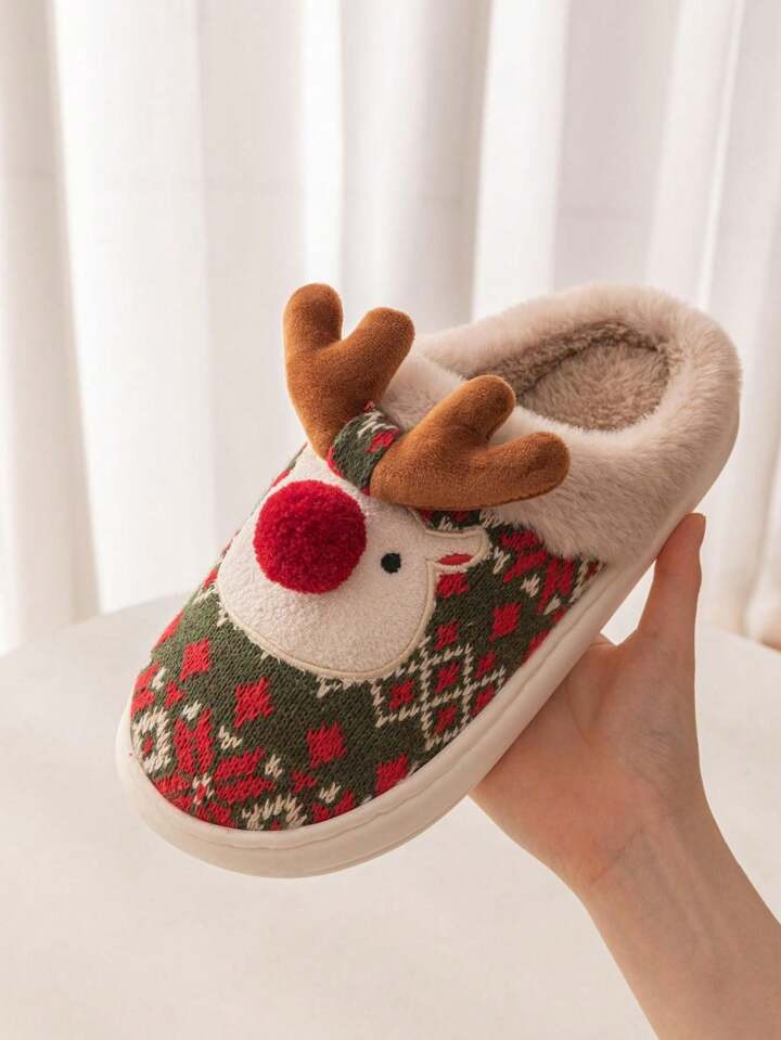 Women's Christmas Slippers, Red Reindeer Design, Festive Element, Warm And Comfortable, Soft And ... | SHEIN