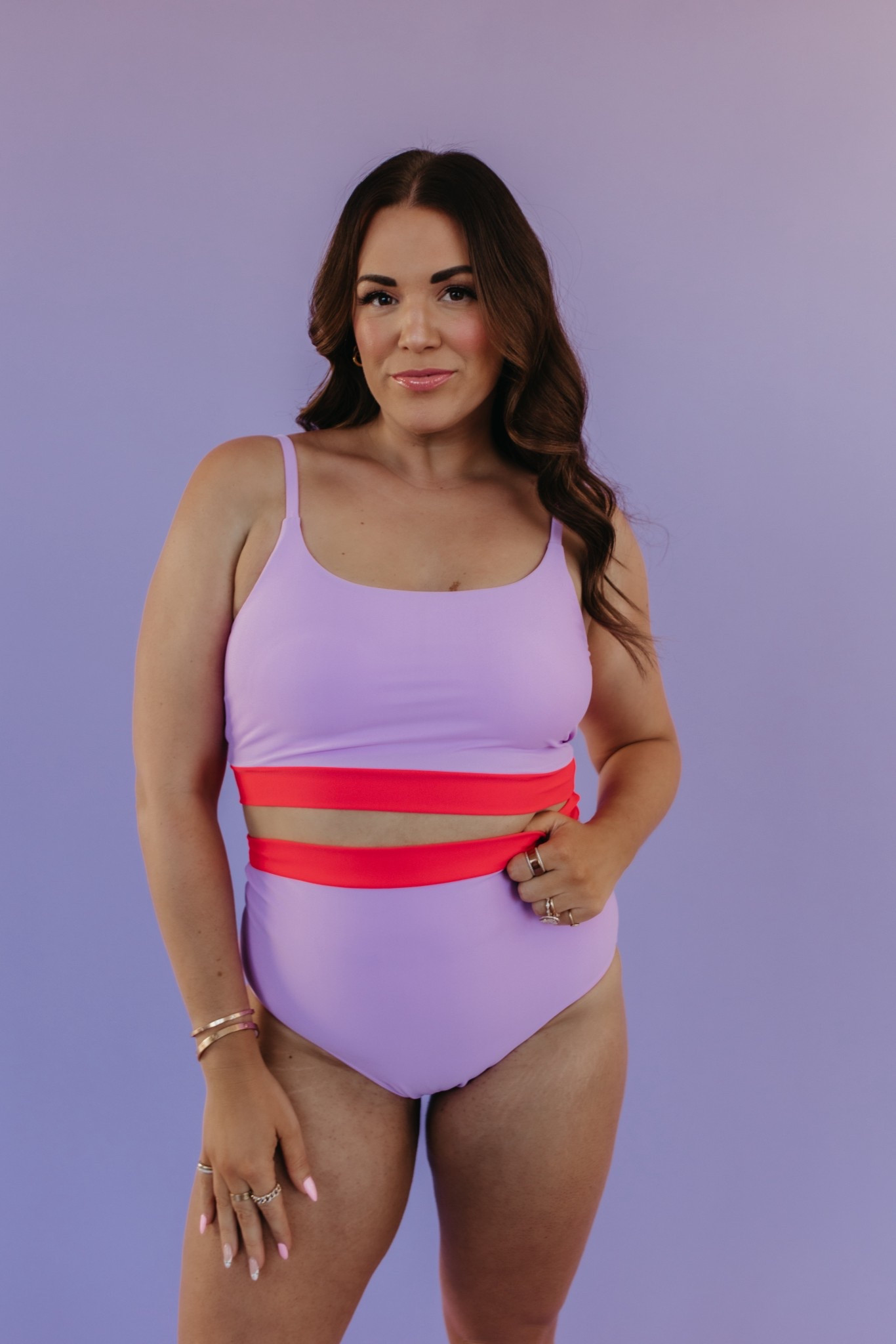 my 2026 swim collection with Pink Desert! i’m wearing the large in top and bottom of this purple and red color block two piece swimsuit. top has adjustable straps + built in bra and padding! bottoms run a bit big, size down if in between sizes. i could have taken the medium!

#LTKSwim #LTKMidsize #LTKSeasonal