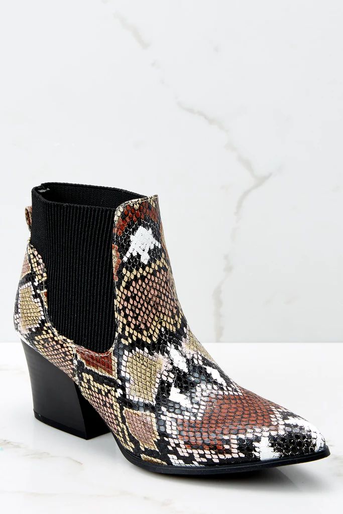 Hello It's Me Brown Multi Snake Print Ankle Boots | Red Dress 