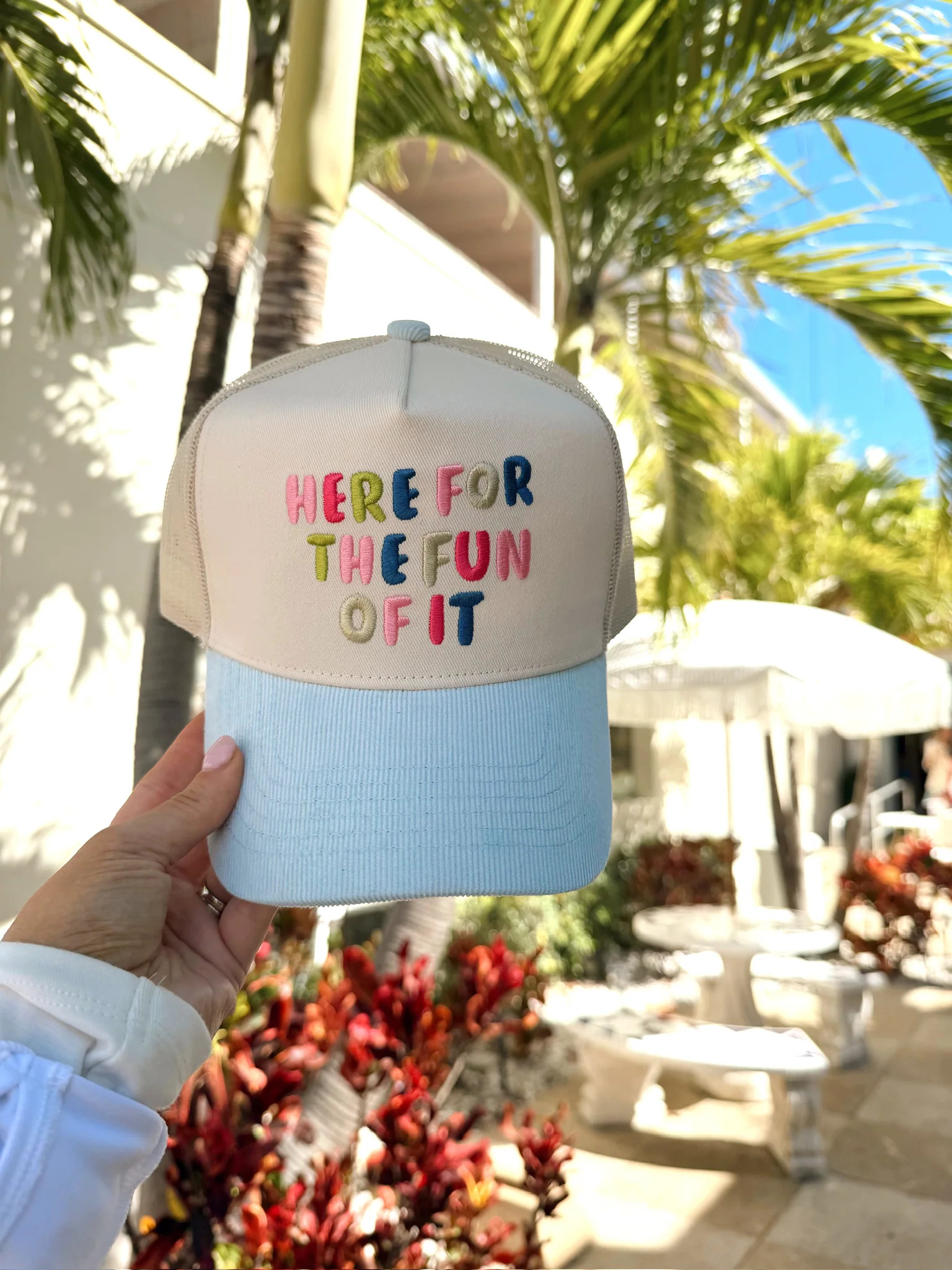 Here for the Fun of it - Baby Blue Corduroy Trucker Hat | KenzKustomz