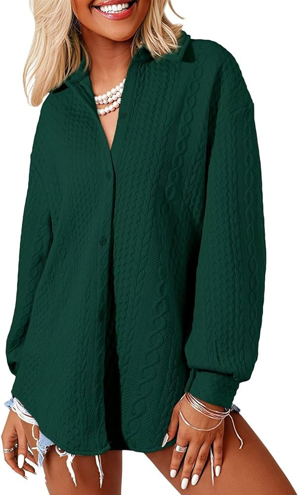 Astylish Women Long Lantern Sleeve Shirts Cable Textured V Neck Button Down Tops Casual Oversized... | Amazon (US)
