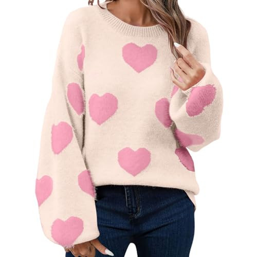 Heart Sweater for Women,Valentines Sweater Women Love Print Romantic Heart Sweaters Cute Knit Pullover Valentine's Day Outfit(02-Beige,Small) | Amazon (US)