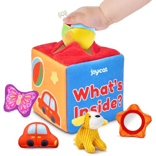 JoyCat What's Inside Box - Mystery Soft Box with 5 Sensory Objects, Rattle, Crinkle Paper, Mirror - Baby Toys 6-12 Months, Soft Busy Travel Toys - Christmas Basket Stocking Stuffers | Amazon (US)