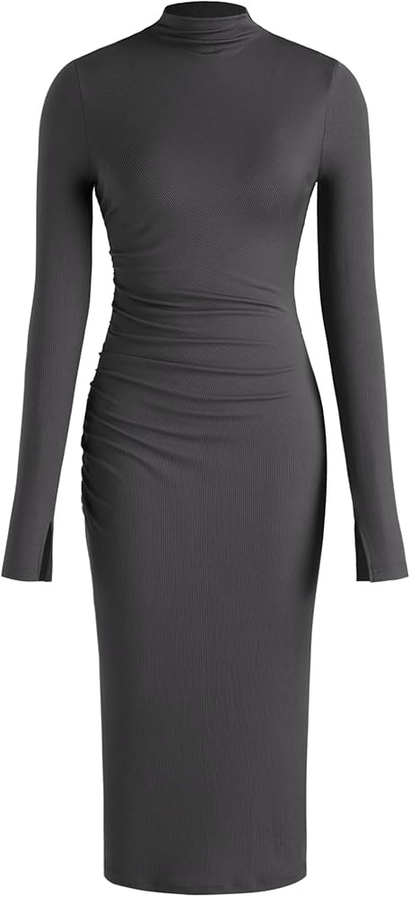 CIDER Long Sleeve Dress for Women High Neck Ribbed Knit Bodycon Ruched Midi Dress Cocktail Party ... | Amazon (US)