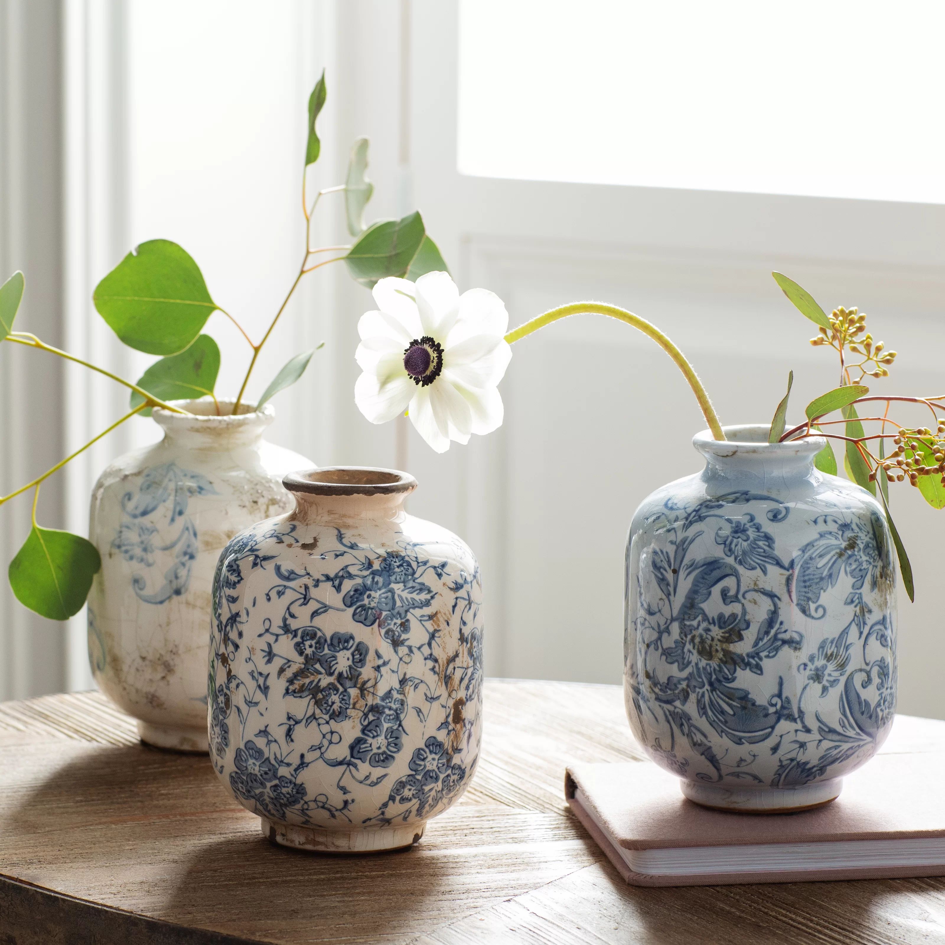 3 Piece Bud Terracotta Blue and White Table Vase Set (Set of 3) | Wayfair North America