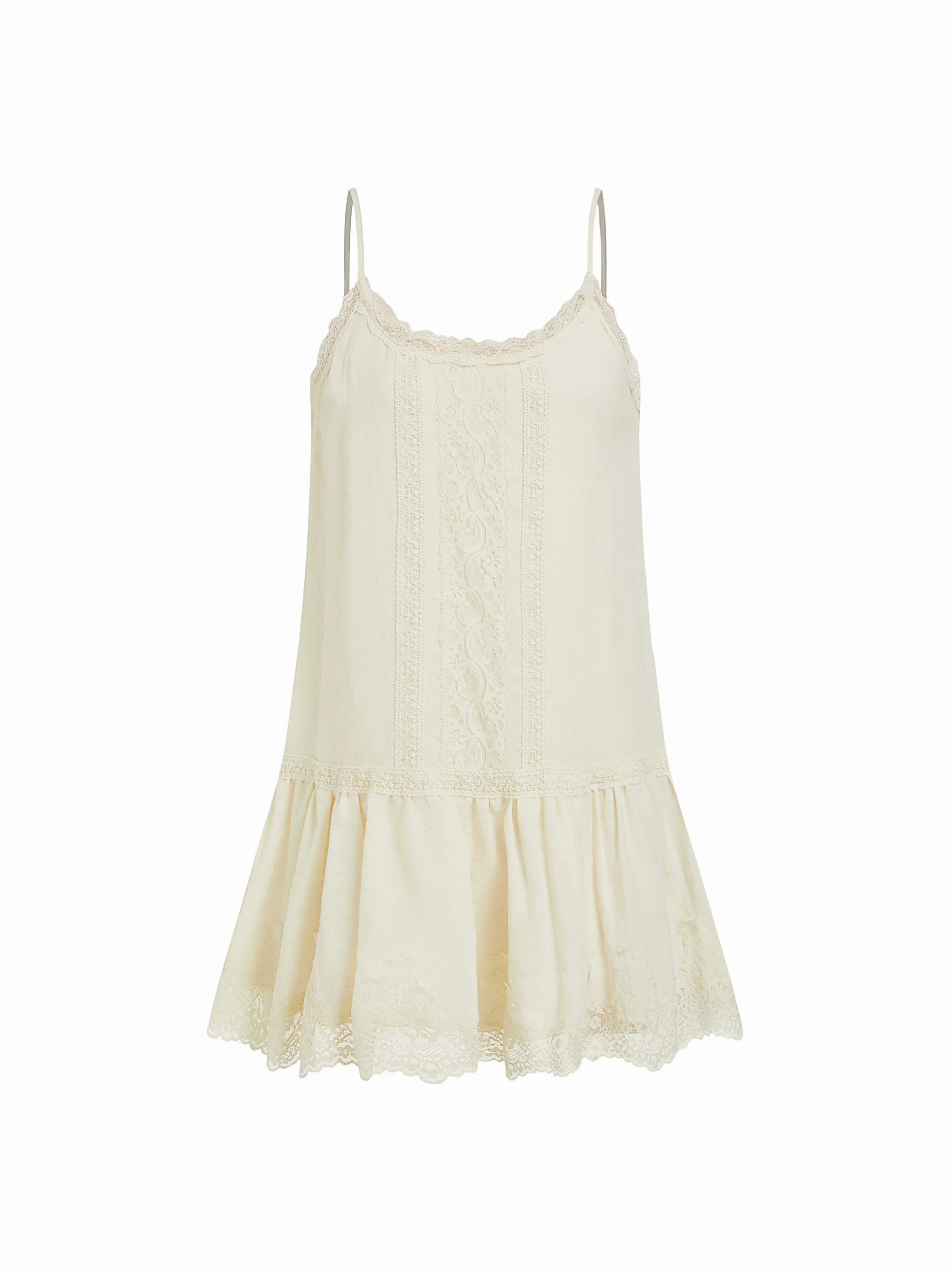 Chiffon Scoop Neck Lace Panel Ruffle Hem Straight Mini Dress | Cider