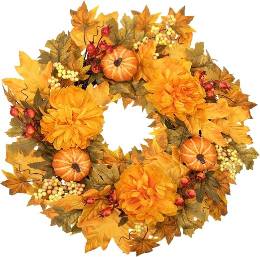 22 Inch Fall Wreath for Front Door, Artificial Autumn Leaves with Pumpkins | Pumpkins, Autumn Map... | Amazon (US)