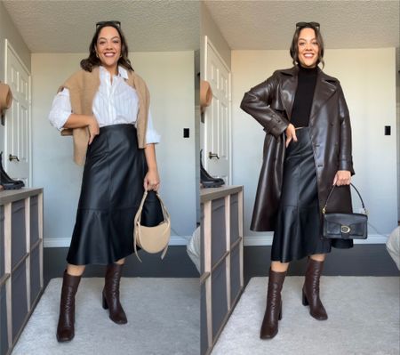 2 ways to wear a faux leather skirt! Details below:

Skirt in all outfits is a coated midi skirt from H&M. Fits a bit big, so size down if in between sizes; I got a size 8 and it’s just a bit big. Two other similar skirt options are linked also. 

Outfit 1 (left):
-Tan crewneck sweater from Everlane, I have a medium. 
-White striped button up shirt from Reformation, I have a medium. 
-Brown Franco Sarto boots, similar linked. 
-Polene numero dix bag. 

Outfit 2 (right):
-Black mock neck tank from Dynamite, I sized down to a small. 
-Vrown leather trench coat, similar linked. 
-Same boots as outfit 1. 
-Coach tabby 26 bag in black pebble. 

Sunglasses in all are the Celine Triomphe 52mm sunglasses in black acetate. 


#LTKSeasonal #LTKfindsunder100 #LTKstyletip