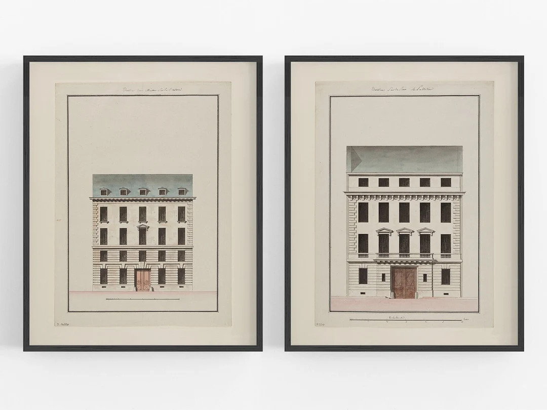 Set of Two Paris Townhouse Drawings / Vintage Art / Paris Art - Etsy | Etsy (US)