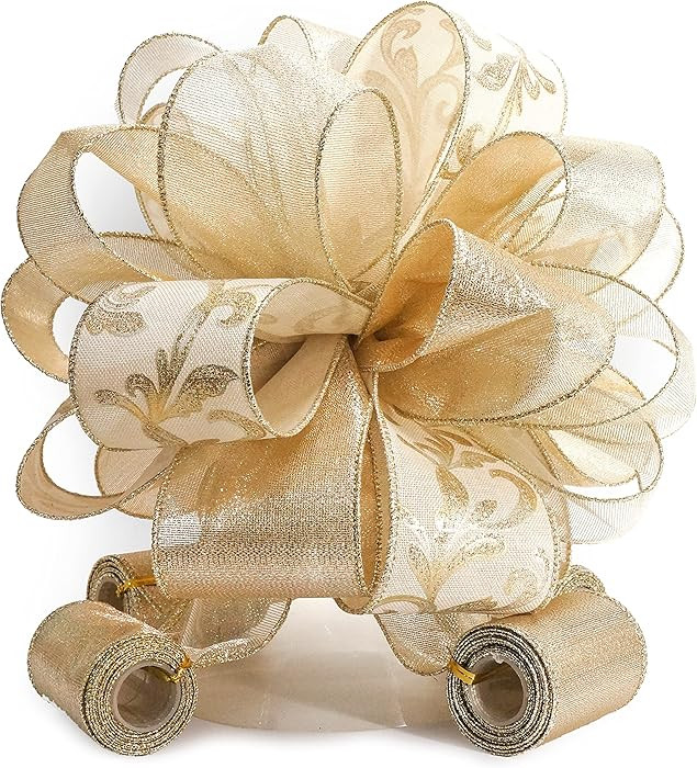 CT CRAFT LLC Champagne Gold Swirl Less Glitter Christmas Tree Topper Bow 11" with 4 Ribbon Stream... | Amazon (US)