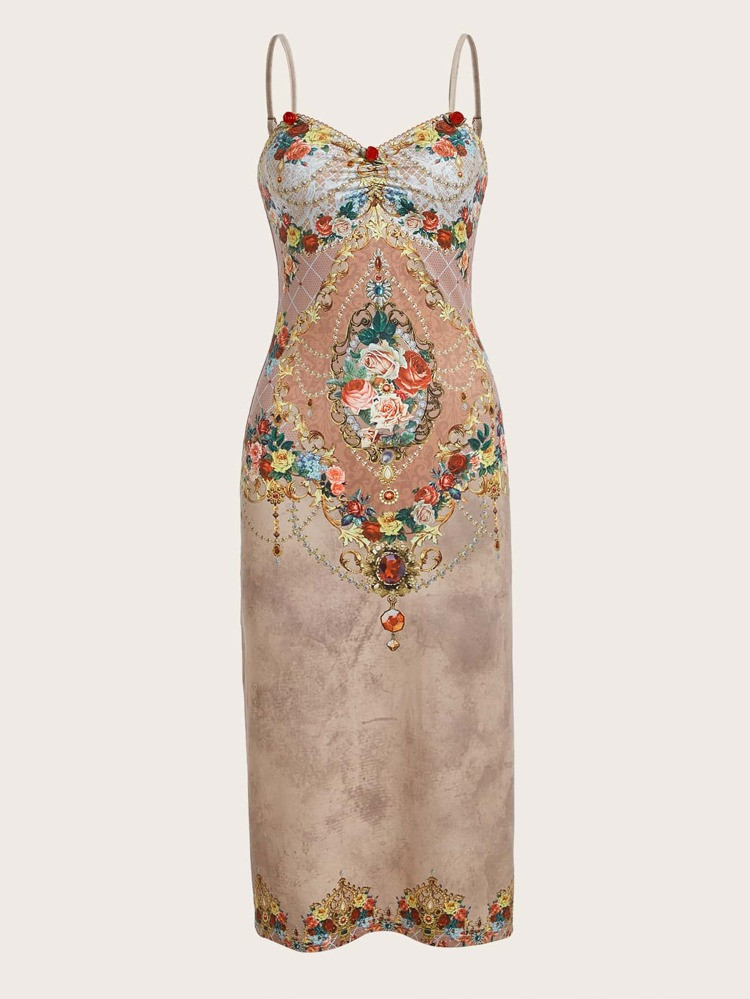 ROMWE PUNK Floral Print Split Thigh Cami Dress Without Gloves | SHEIN