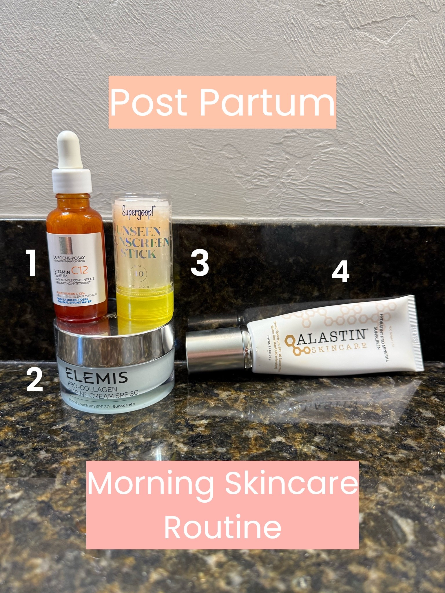 My morning skincare routine 2 weeks post partum! 
I’ve been trying to be really consistent with my skincare every morning and these products have made all the difference!
1. Vit C serum
2. Moisturizer with SPF
3. SPF stick
4. Tinted SPF 

#motherhood #skincare #alastin #supergoop #elemis #larocheposay 
@elemis @alastin @Supergoop! @larocheposay

#LTKgrwm #LTKmomlife #LTKBeauty