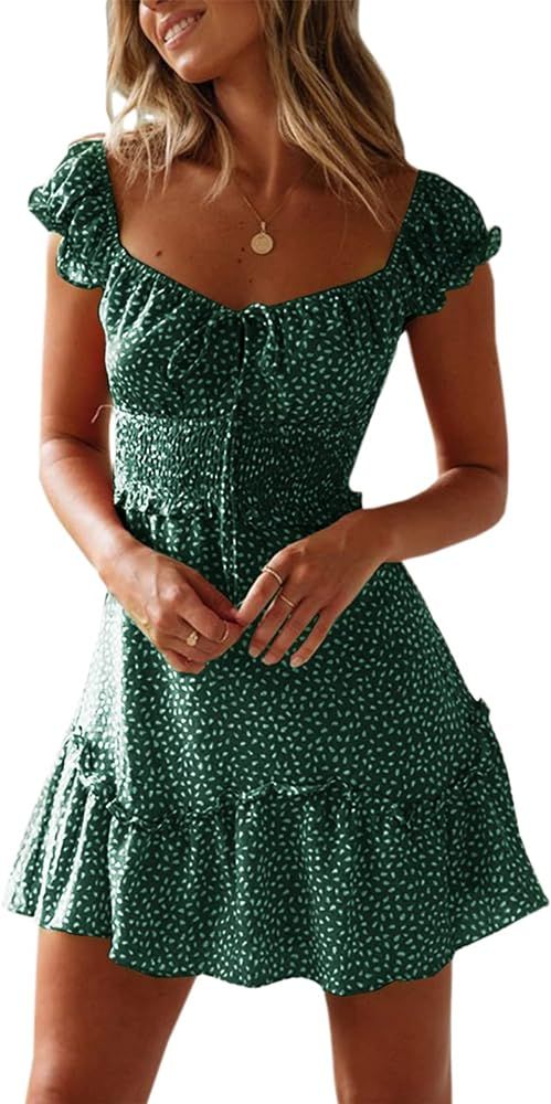 YOBECHO Women's Summer Ruffle Sleeve Sweetheart Neckline Printing Dress Mini Dress | Amazon (US)