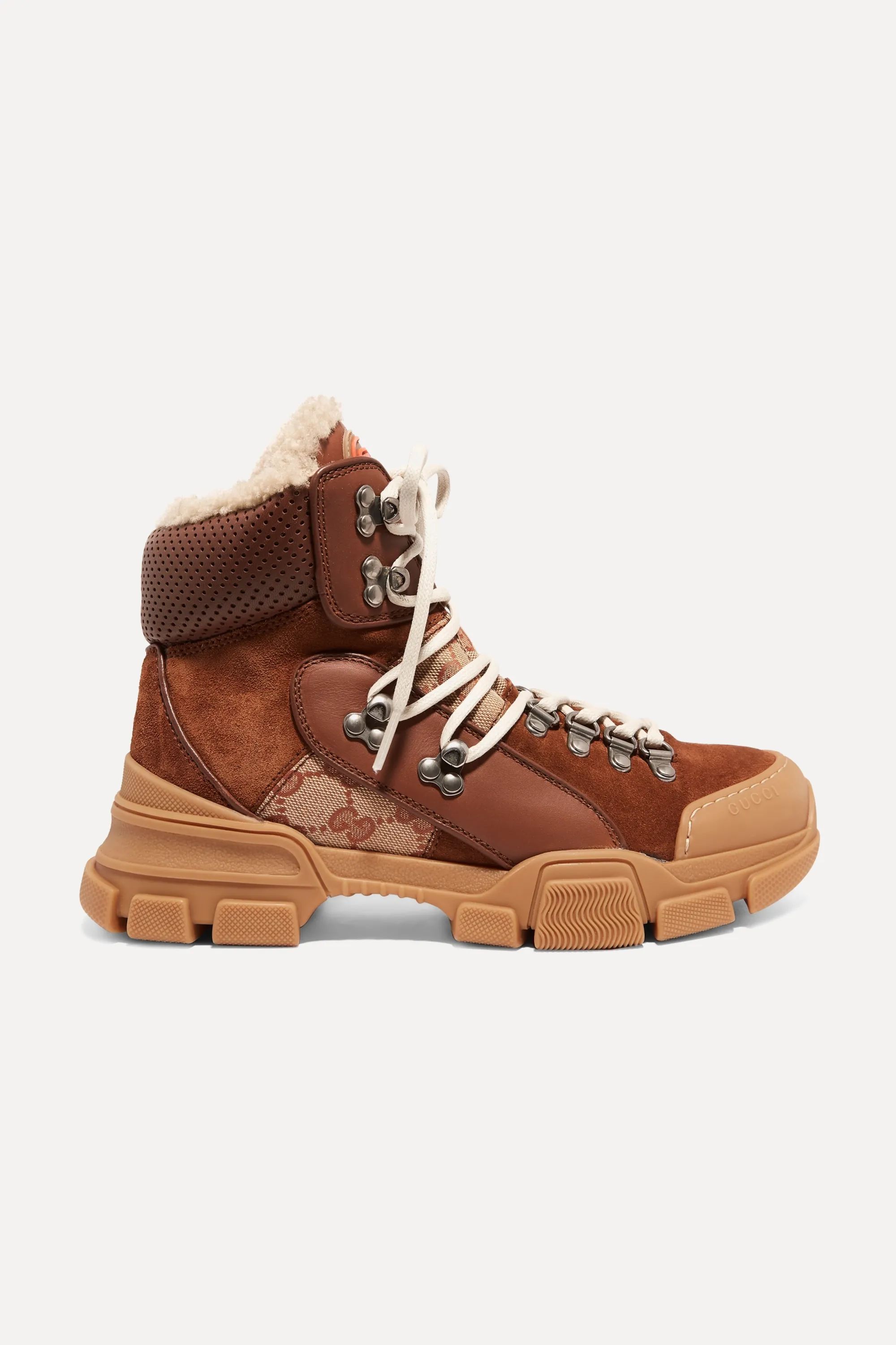 Flashtrek faux shearling-trimmed suede, leather and printed coated-canvas boots | NET-A-PORTER (US)