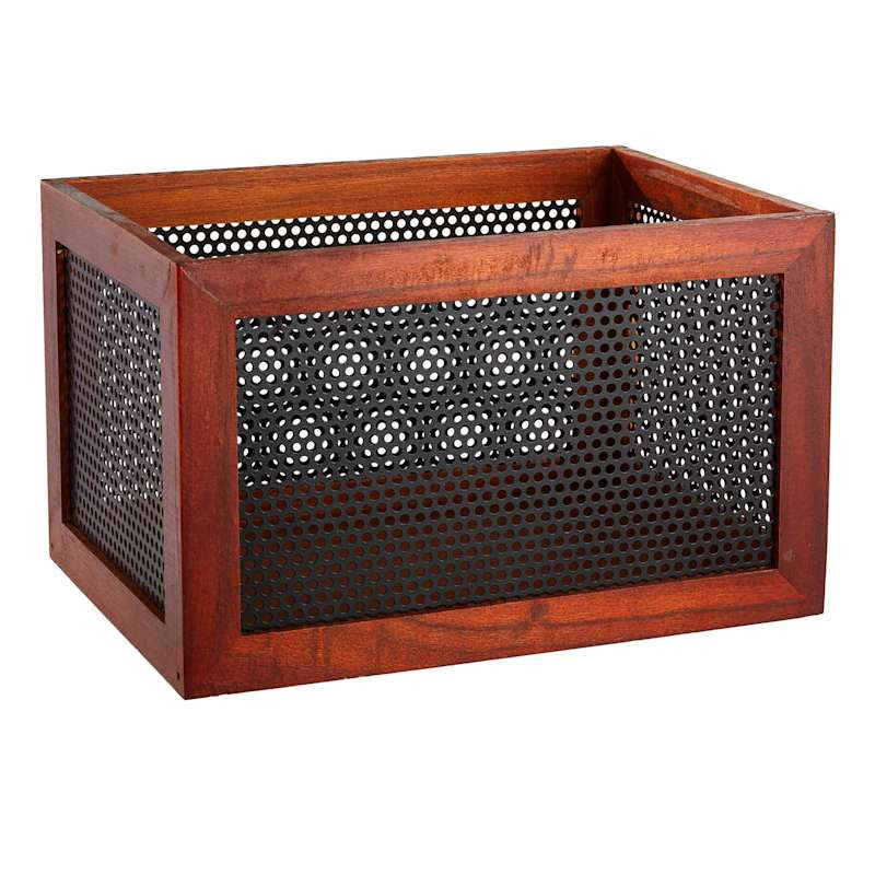 Wood & Metal Rectangle Storage Basket, Large | At Home