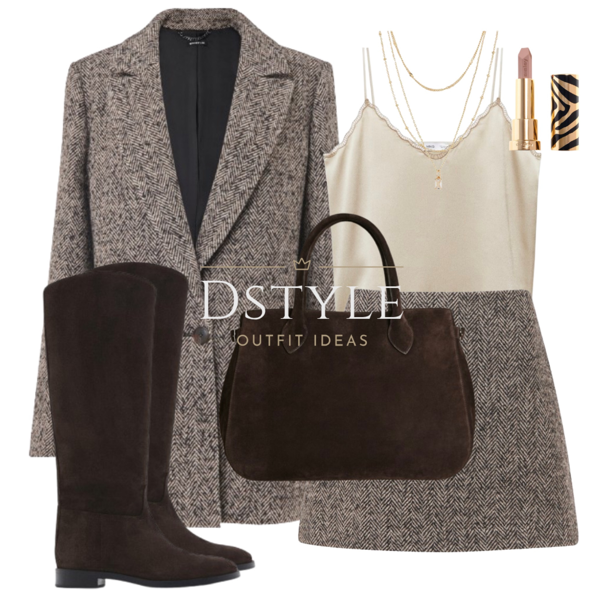 Brown herringbone wool-blend blazer, matching brown wool-blend herringbone mini skirt, satin lace top, brown suede riding-style boots, brown suede bag

#LTKStyleTip #LTKShoeCrush #LTKWorkwear