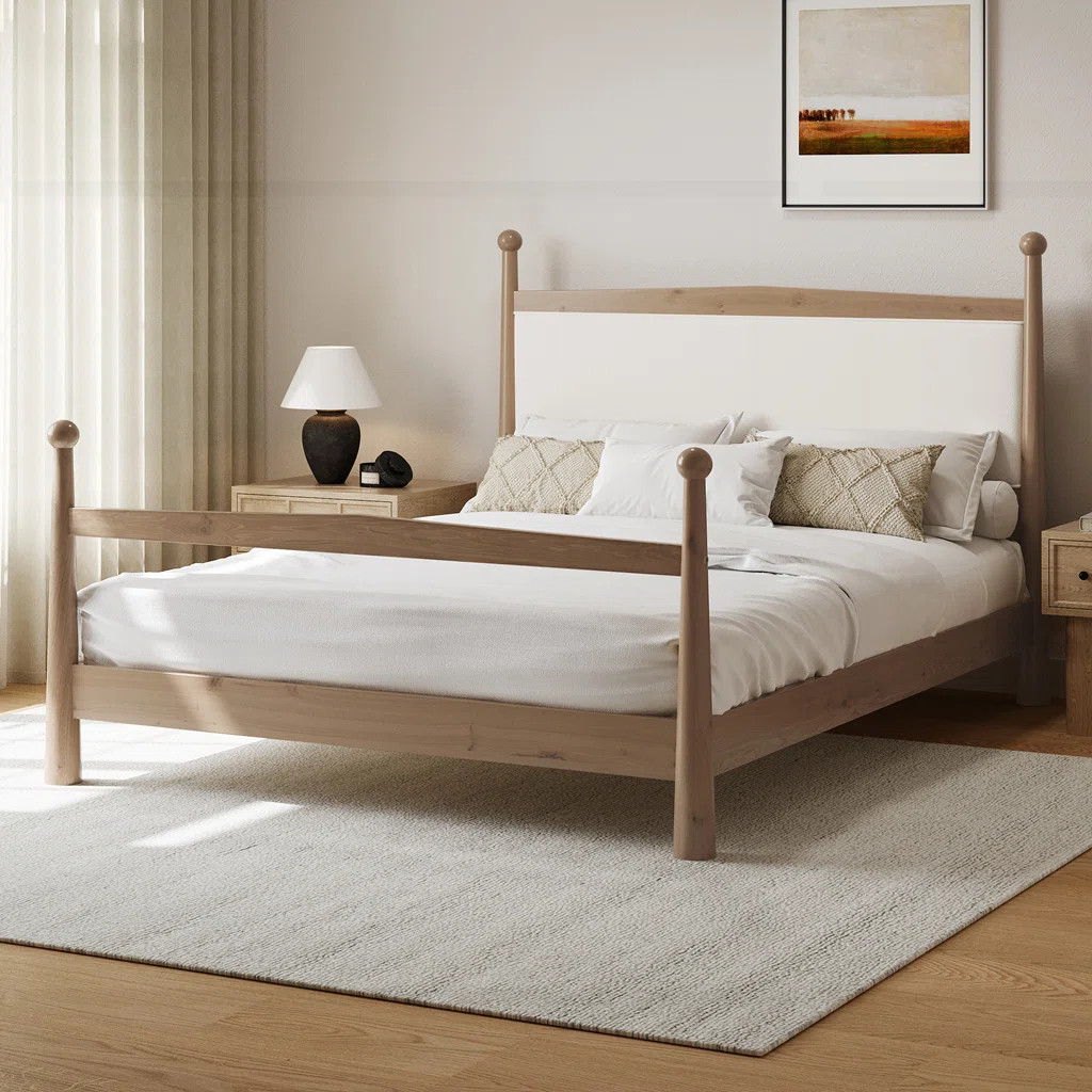 George Oliver Mid-Century Modern Solid Pine Wood Platform Bed with Upholstered Headboard | Wayfai... | Wayfair North America