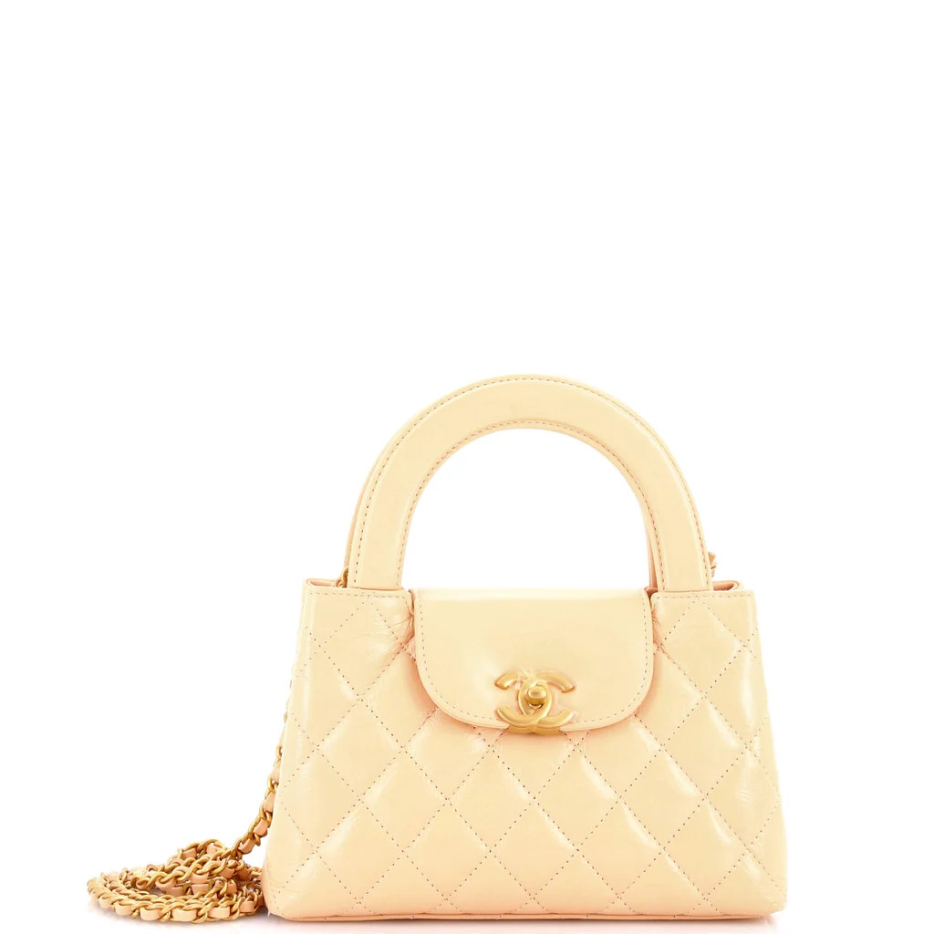 Chanel Kelly Top Handle Shopping Bag Quilted Shiny Aged Calfskin Mini Neutral 3968041 | Rebag