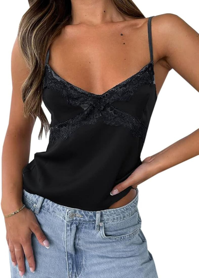 Vintage Lace Trim Crop Top for Women Y2K Spaghetti Strap Slim Fit Camis Low Cut Square Neck Tank ... | Amazon (US)