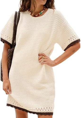 Huaqiao Women Short Sleeve Crochet Knit Dress Color Block Crew Neck Mini Dress Pullover Beach Swi... | Amazon (US)