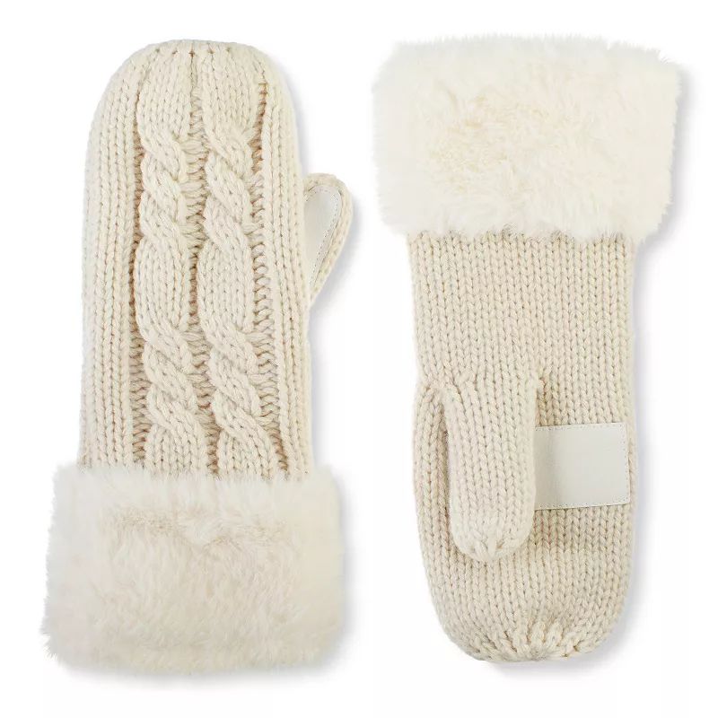 Women's isotoner Lined Cable Knit Mittens with Faux Fur Cuff, Natural | Kohl's
