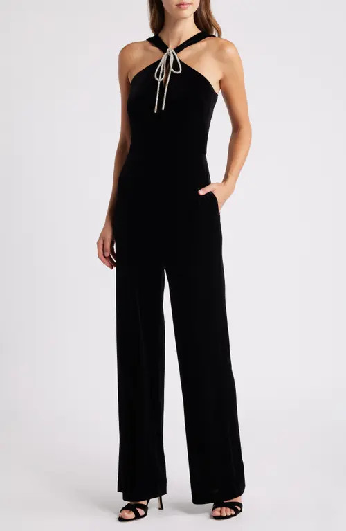 Eliza J Rhinestone Tie Neck Wide Leg Velvet Jumpsuit in Black at Nordstrom, Size 2 | Nordstrom