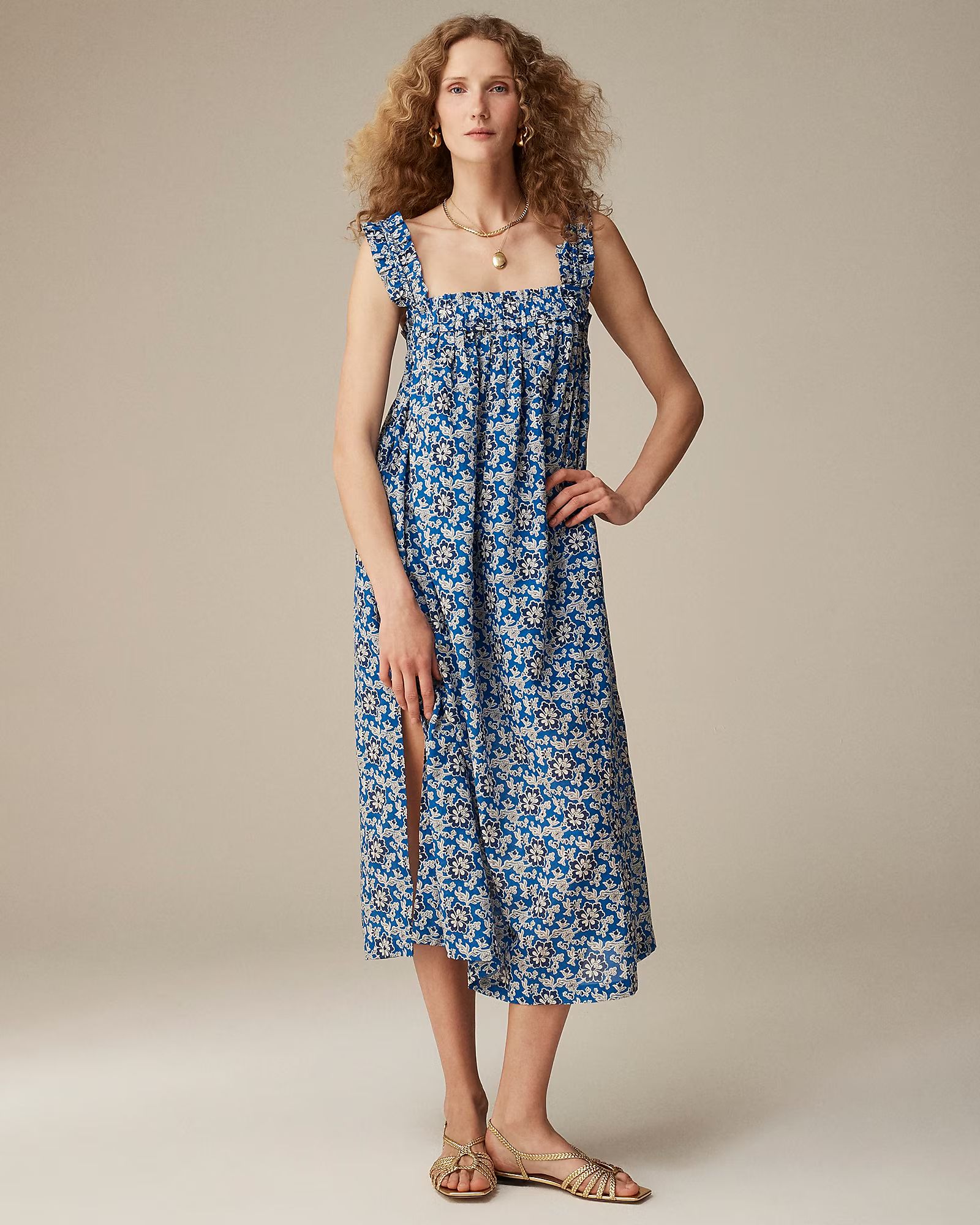 Cotton voile ruffle-trim shift dress in cobalt floral | J.Crew US