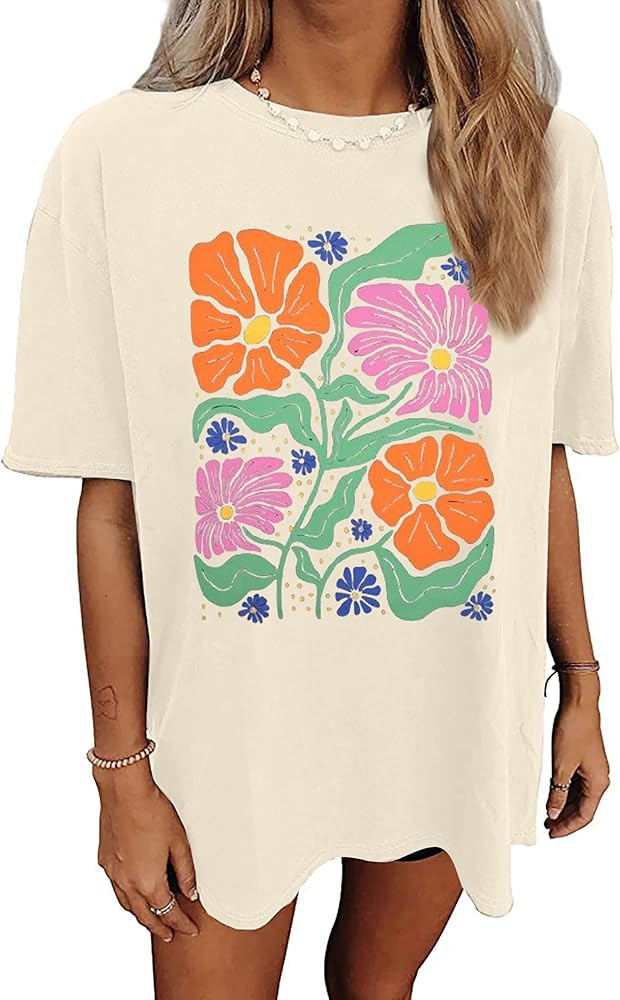 Oversized Graphic T-Shirt for Women Vintage Floral Shirt Rock Band Music Guitar Tee Casual Holida... | Amazon (US)