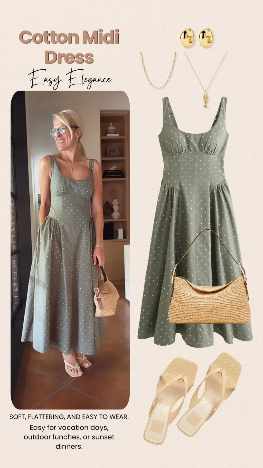 This cotton midi dress is soft, flattering, and so easy to wear. The feminine silhouette and timeless polka dot print make it perfect for vacation days, outdoor lunches, date nights, or sunset dinners. Just add woven accessories and simple gold jewelry for an effortlessly polished look.

💡 LTK MADE EASY
❤️ Heart = Support my posts!
🔖 Save = Get sale & restock alerts
📋 Lists = Keep favorites organized
📲 Share = Send lists and products to a friend. Hello, Christmas List!
💬 Comment = Ask me anything about what I’m wearing. :-)

#LTKootd #LTKOver40