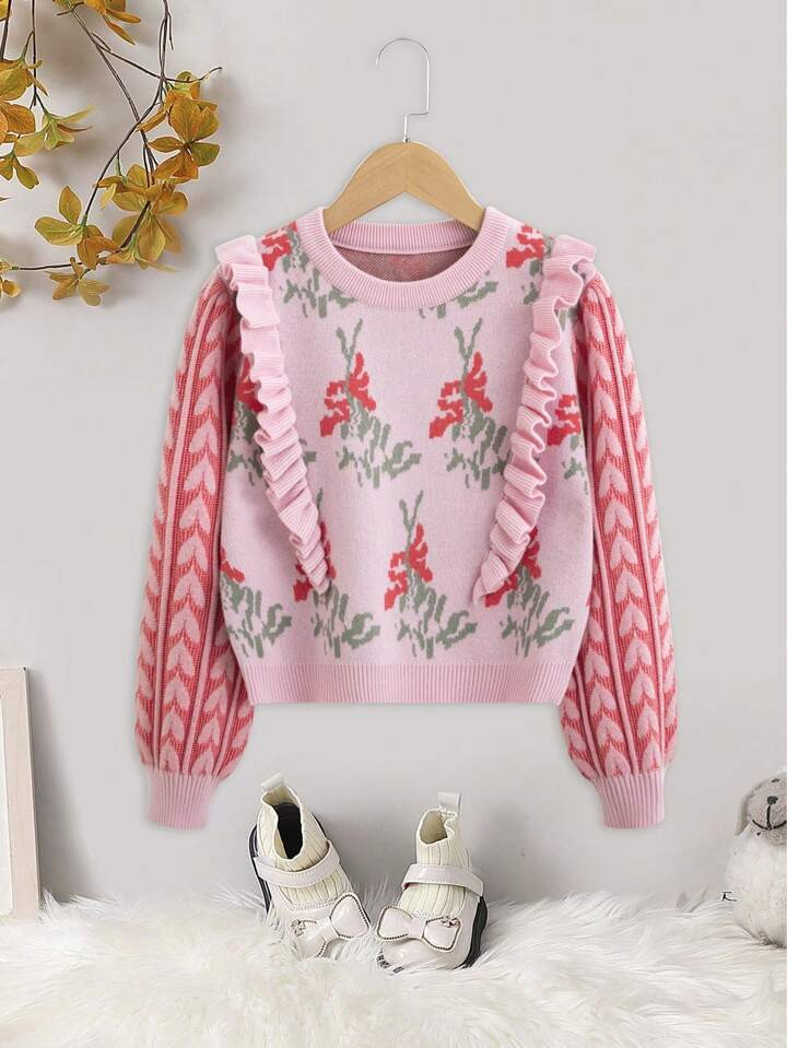 SHEIN Kids Nujoom Tween Girl Floral Pattern Ruffle Trim Lantern Sleeve Sweater | SHEIN